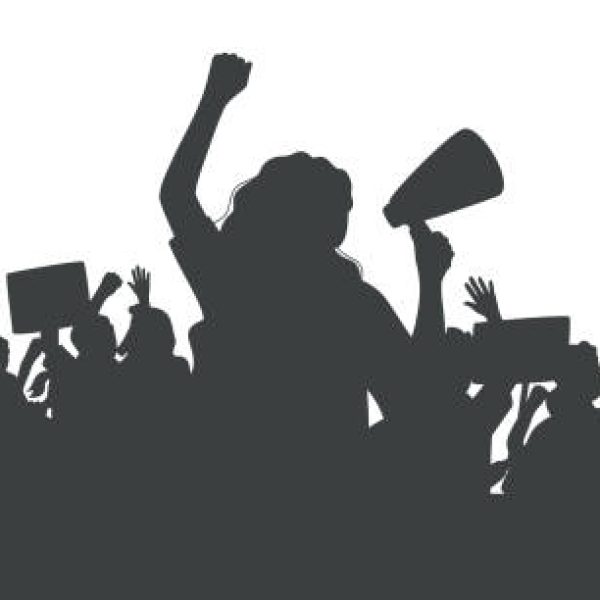Silhouette of protesting crowd of people with raised hands and banners. Woman with loudspeaker. Peaceful protest for human rights. Demonstration, rally, strike, revolution.Isolated vector illustration